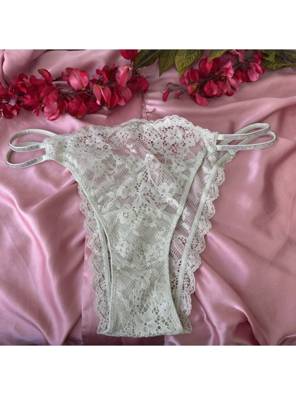 VICTORIA'S SECRET M GREEN SHIMMER RHINESTONE STRAP BRAZILIAN SUMMER PANTIES NWT